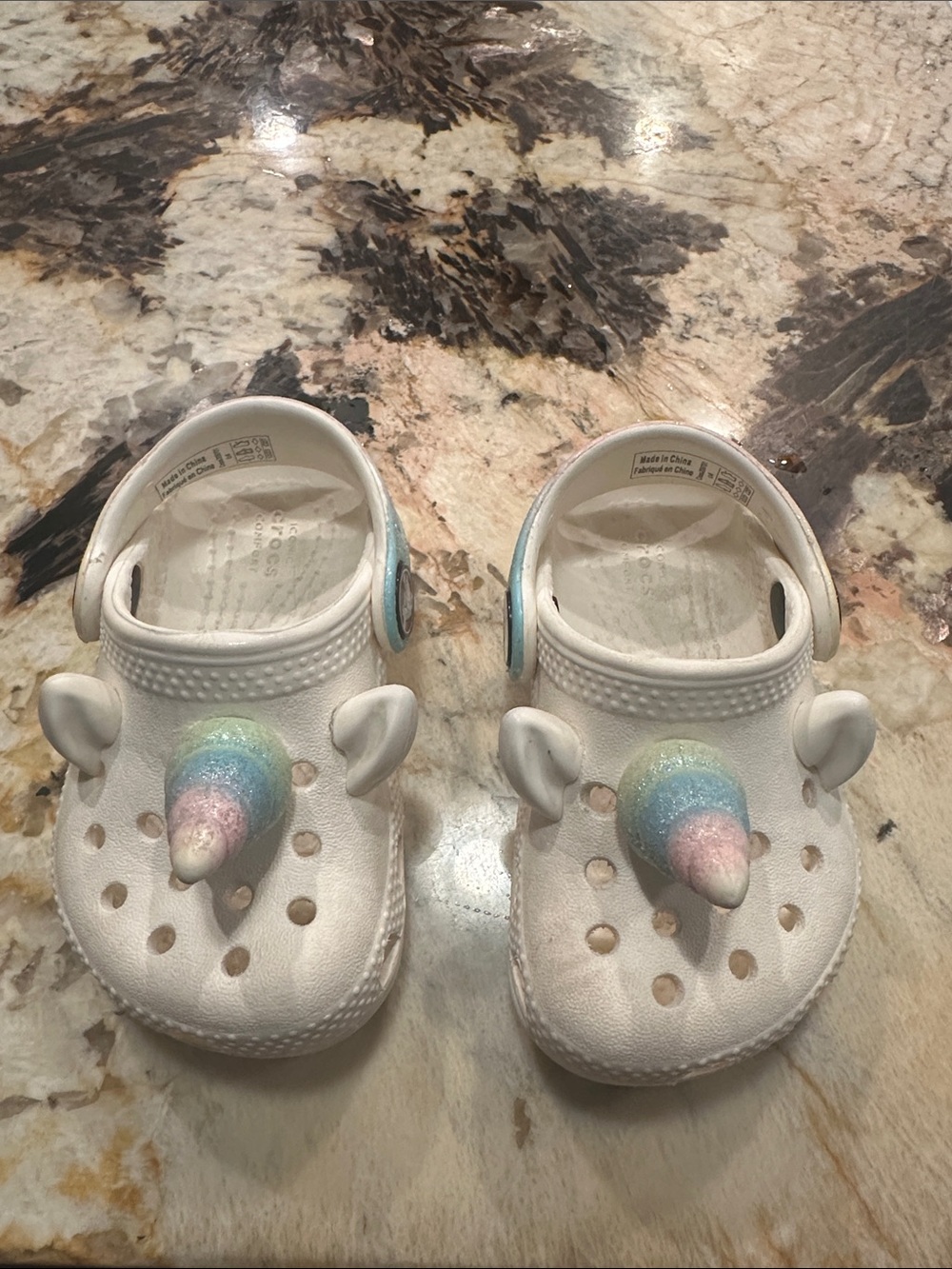 Kids White Unicorn Crocs Shoes with Pastel Rainbow Glitter Horn